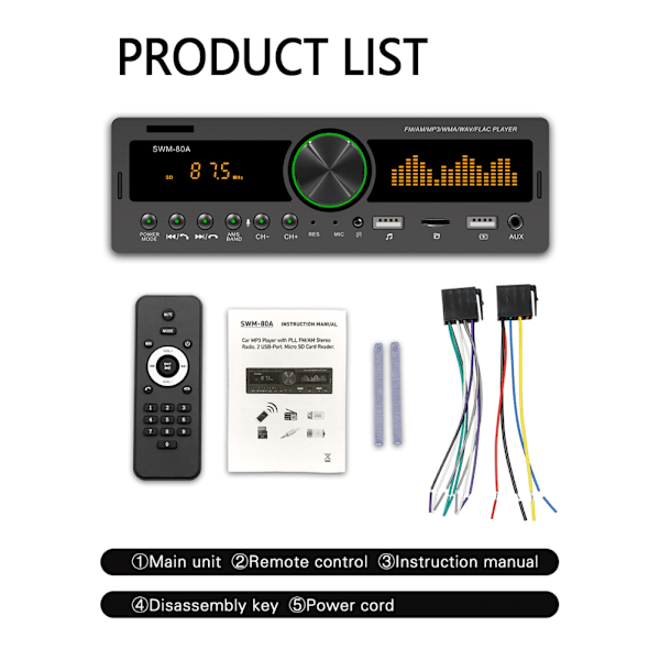SWM-80A Autoradionauhuri MP3-soitin FM-radio Värillinen valaistus Bluetooth MP3-äänentoisto