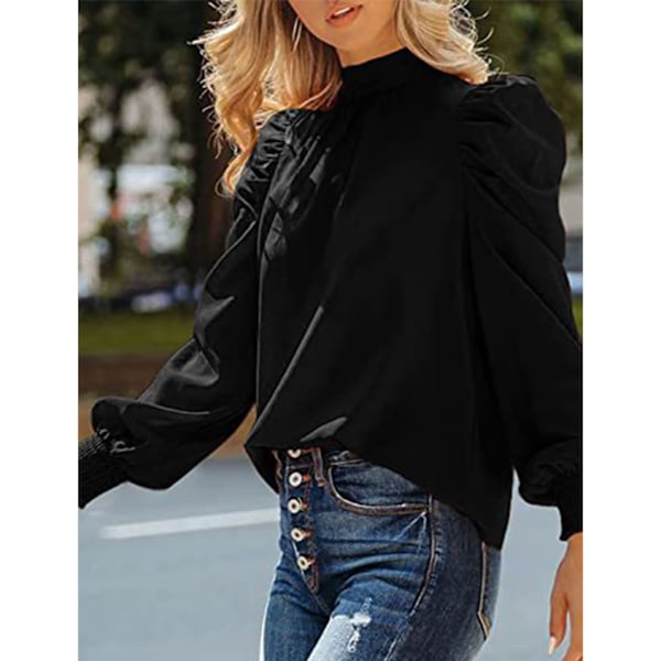 Kvinner langermet puff-ermet topp Skjorte Stilig Elegant Løstsittende Casual Ensfarget Høy hals bluse for jobb Svart XL