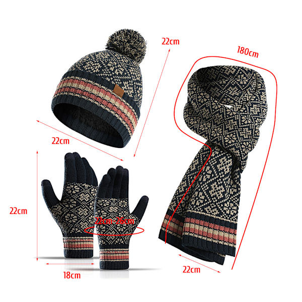 Vinterstickad Hatt, Halsduk och Vantar Set Vindtät Akryl Fleecefodrad Varm Beanie med Pompom Touch Screen Vantar för Kvinnor Män Cykling Skidåkning