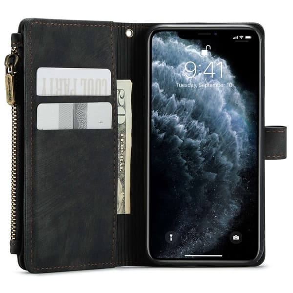 【NX】Pung-etui i kunstlæder kompatibelt med iPhone 11 med rem og flere kort - Sort
