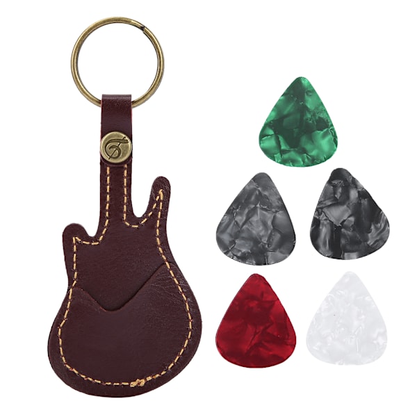Bærbar læder messing guitar pick etui ærmeholder inklusive pick tilbehør (brun)