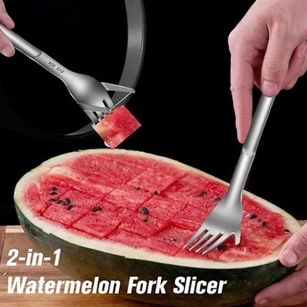 Multipurpose 2-i-1 vattenmelongaffelskärare Vattenmelonfruktskärgaffelbitar porslinsgaffel
