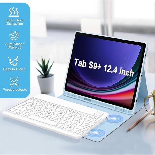 Nahkakotelo langattomalla Bluetooth-näppäimistöllä Samsung Galaxy Tab S9+ Sm-x810/x816b/x818u -laitteelle Sky Blue