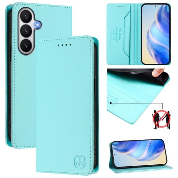 Compatible with Samsung Galaxy S26 5G Case Cover with Dual-Fold Magnetic Suction Function in RFID Leather Mintgrön