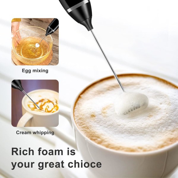 Mjölkskummare Handhållen, elektrisk skummaskin med rostfri visp 3 hastigheter for skottsäkert kaffe - svart