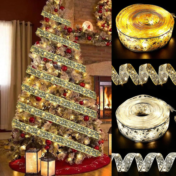 20M joulukoristeet LED-valot kaksoisnauha valonauhat joulukuusikoristeet valonauha roikkuvat joulutarvikkeet Gold Ribbon (Warm Light)