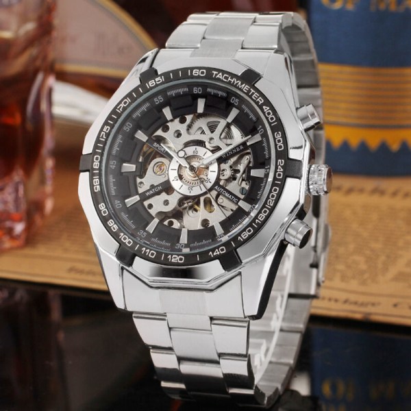 Automaattinen mekaaninen miesten watch teräsnauhalla, muodikas rannekello, ontto design kellot, malli: musta
