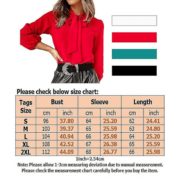 Rød ensfarget sløyfe-krage langærmet bluse for kvinners forretningscasual arbeid
