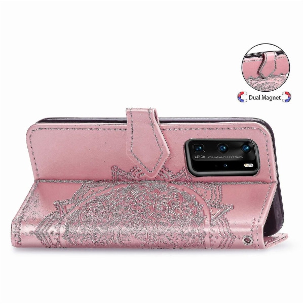 Huawei P40 Pro Case Læder Pung Cover Emboss Mandala Magnetic Flip Protection Stødsikker - Rose Gold