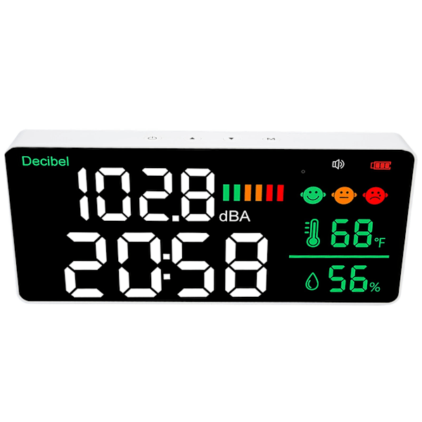 Decibelmåler 30 til 130db Vægmounted Lydniveauaflæser 11 tommer LED Tid Temperatur Luftfugtighed Støjmeter