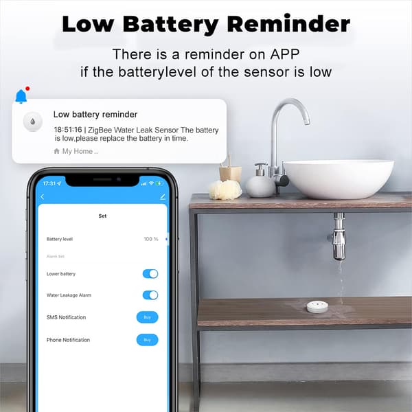 Zigbee vattenläckagedetektor för hemmet, vattenlarm, batteridriven, Zigbee-hubb krävs, hemsupport