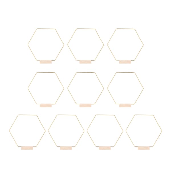 10 Set Skrivbords Blomsterbåge Hexagonal Metall DIY Bordskransring med Träbas för Bröllop Vardagsrum Guld