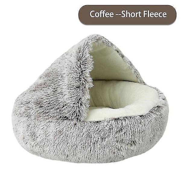 2 in 1 Round Hooded Cat Dog Bed, Soft Long Plush Winter Warm Pet Nest for Small Dogs Cats - 50cm, Coffee