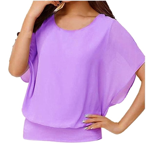 Løs, avslappet T-skjortebluse i chiffon med flaggermusarmer i lilla for kvinner