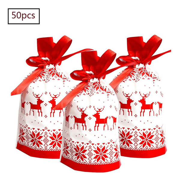 Gavepose med snøring til jul, 50 stykker per pakke, festlig rød reinsdyrjulegave, søt godteripose, plastpose til glede for dagen