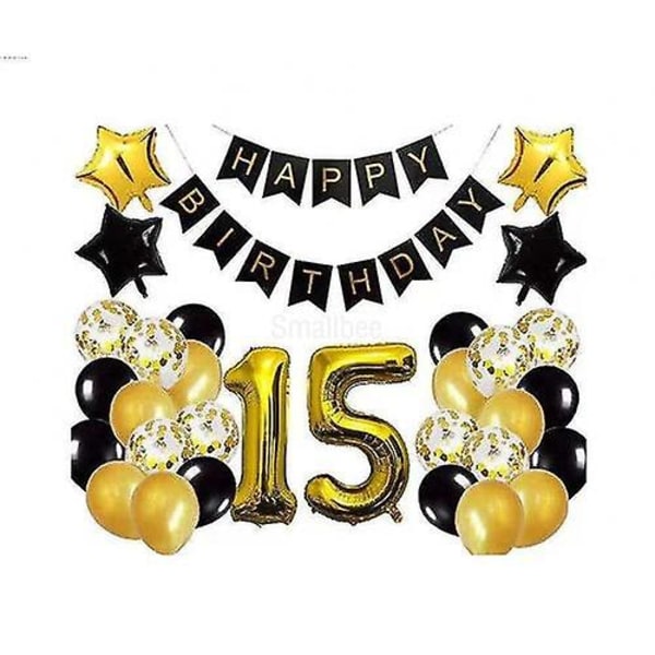 Barsinfi 15-års fødselsdag Sort Guld Festballoner Tillykke med fødselsdagen Bogstaver Balloner Jubilæumsdekoration