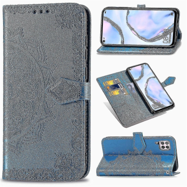 Huawei P40 Lite 4g etui Læder tegnebogscover Emboss Mandala Magnetic Flip Protection Stødsikker - Blå