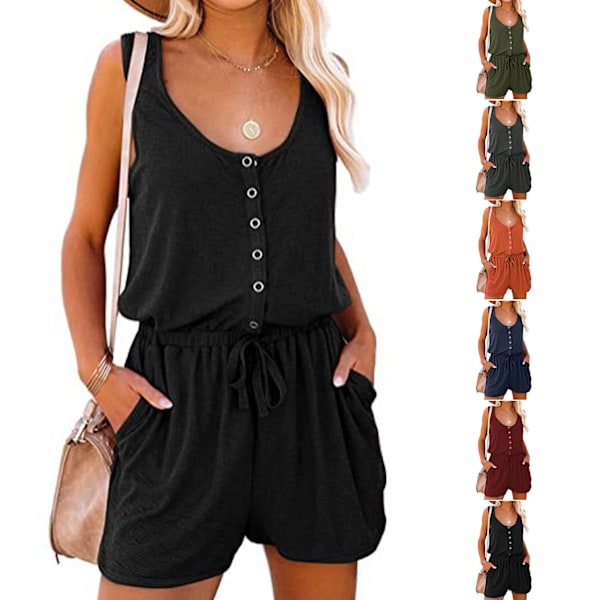 Sommer ærmeløs Romper Dame Casual Scoop Neck Knap Ned Midje Bånd Linned Jumpsuit med Lomme Sort XXL