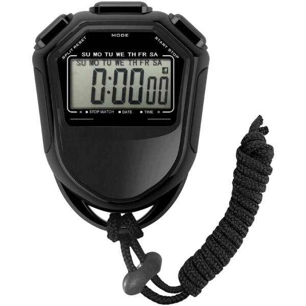 Vandtæt stopur digitalt håndholdt LCD timer kronograf sportstæller med rem til svømning, løb, fodboldtræning, model: RS-808 sort