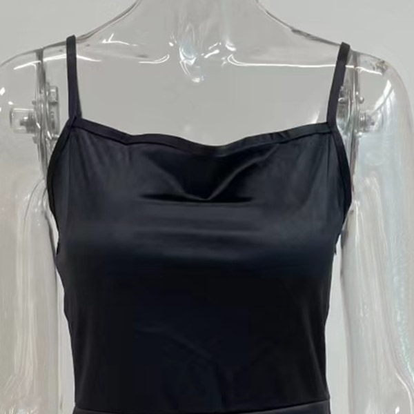 Sommerkjole til kvinder med plisseret kant Ærmeløs Spaghetti Strap Dress Kort stil Sort L