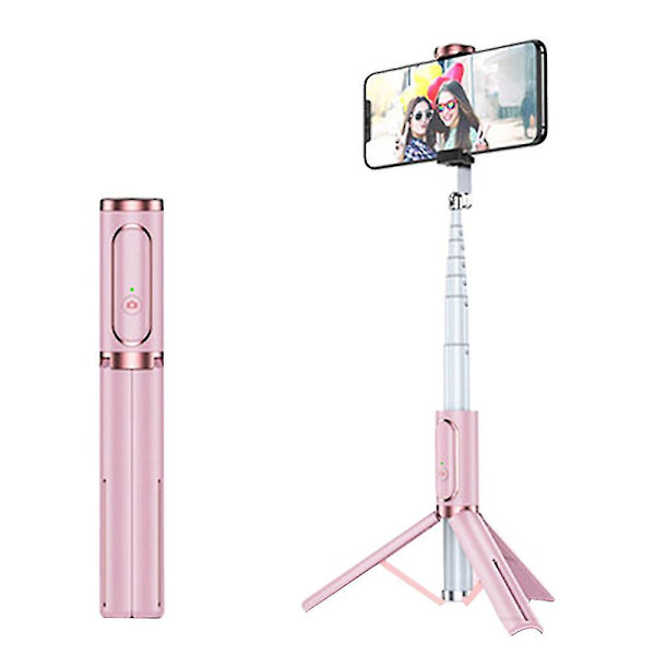 Integrerad teleskopisk Bluetooth Selfie Stick med stativ i aluminiumlegering och telefonhållare i rosa färg