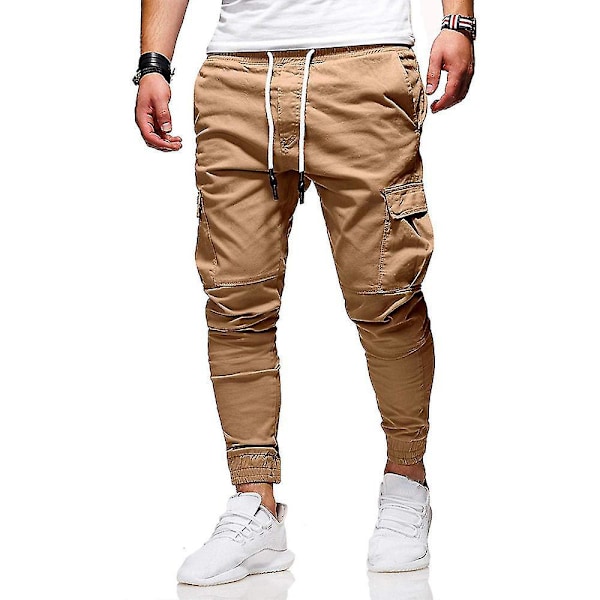 Løbe Cargo Bukser Mænd Fitness Bukser Slim Fit Snøre 3XL Khaki