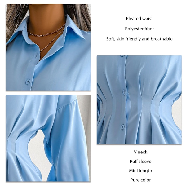 Miniskjortklänning Polyesterfiberveckad midja asymmetrisk slaget krage Button Down-klänning Blå M
