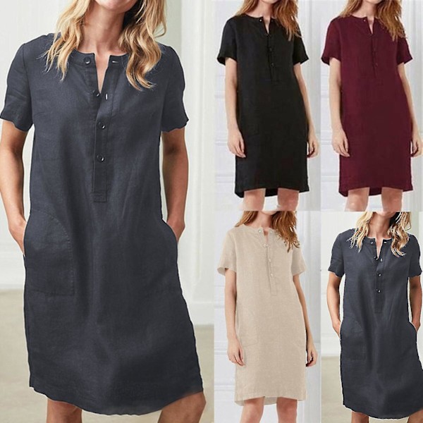 Bomullslin Tunic-kjole - Kvinners Korte Ermer Kneelengde - XL Khaki