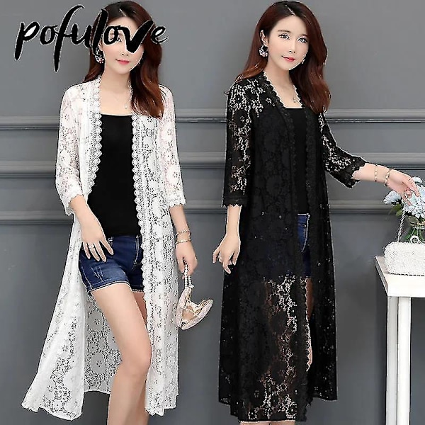 Sommar Mesh Spets Cardigan | Dam Lös Över Knäet Solskydd Jacka | Dropshipping Grossist | Svart XXXL