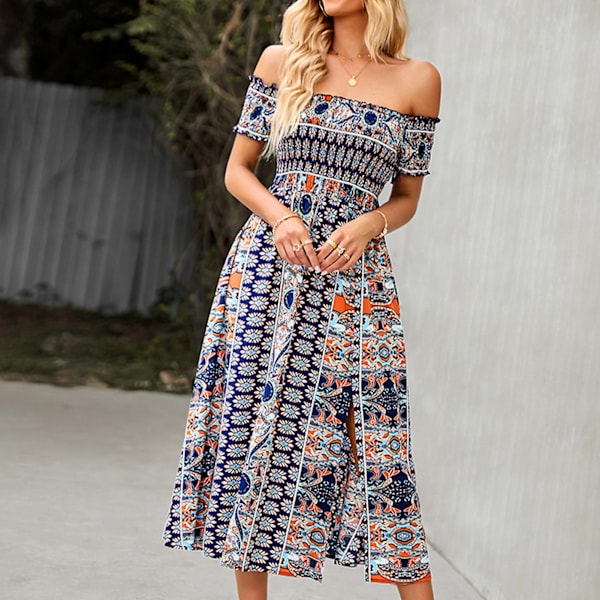 Kvinde One Piece Off Shoulder Kjole Boho Blomsterprint Slid Lang Kjole til Sommerferie Marineblå XL