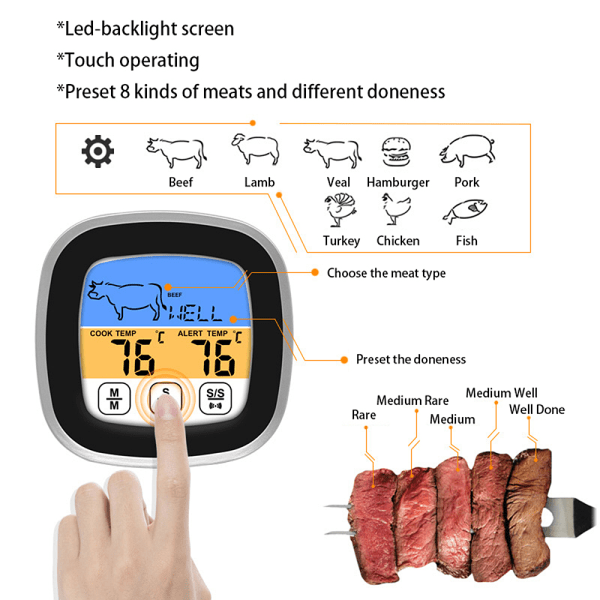 BBQ Termometer 2 Larmläge Pekskärm Bakgrundsbelysning Funktion Kötttermometer för utomhuscamping picknick