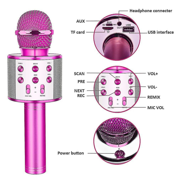 Trådløs Bluetooth karaoke mikrofon med led lys, bærbar Pink