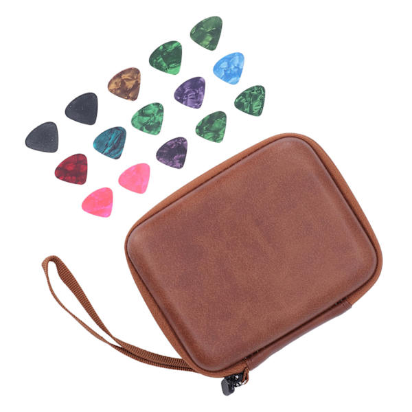 Guitar Pick Bag Set Celluloid Picks Förvaringsväska Hållare Fodral PU Läder för instrumenttillbehör Brun