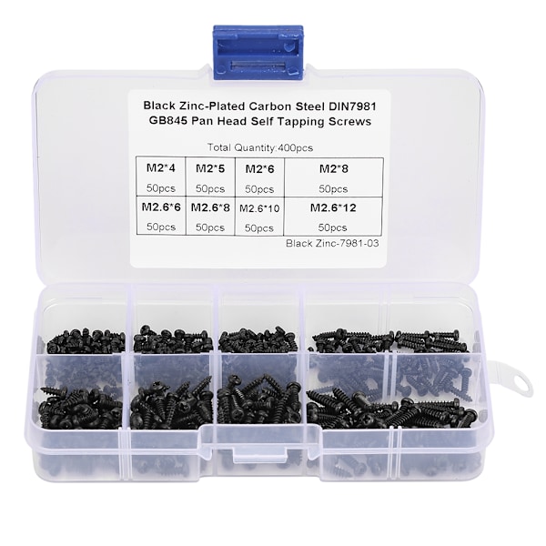 400 st Svart M2/M2.6 Cross Pan Head Självgängande skruvar Set Sortiment Kit