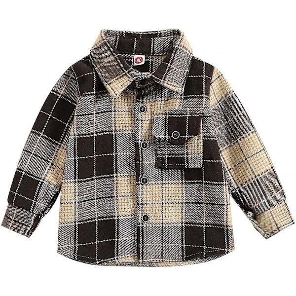 Flannelskjortejakke til drenge og piger | Langærmet revers med knapper | Varm frakke til efterår og vinter | Størrelse 7-8 år | D-Kaffebrun