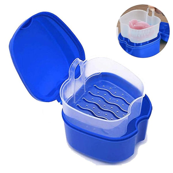 Proteseetui, Protese Bath Box Case Tannkjeveortopedisk holder, Falske tenner Oppbevaringsboks med sil Dark blue