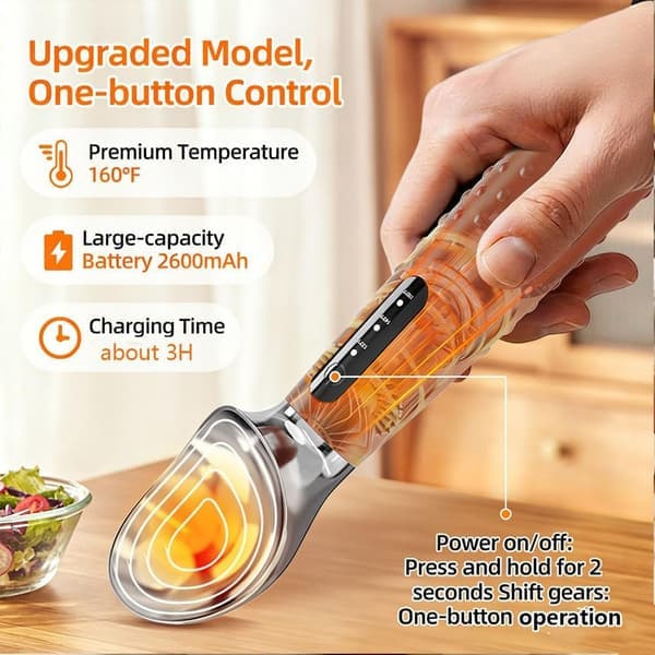 Rechargeable Heated Ice Cream Scoop, 3 Temp (49-71°C), IP67 Waterproof, Ergonomic – Black