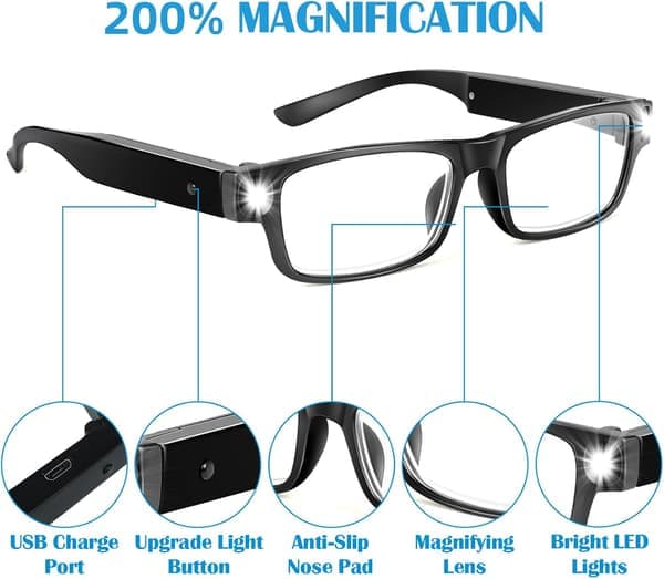 200% Magnifying Glasses with LED Light USB Rechargeable Hands-Free Head Magnifier Glasses for Reading Crafts DIY & Close Work (Black)