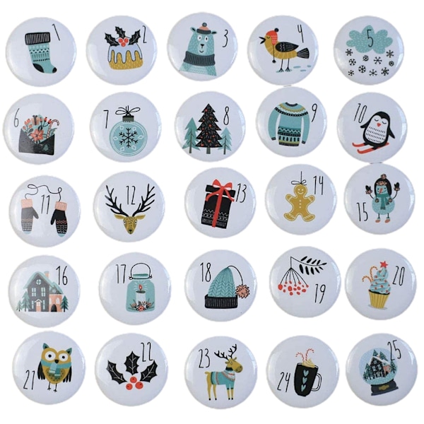1-25 Nummer Jul Adventskalender Runda Knappar Set För Present Dekor För Band Tygpåsar Paket