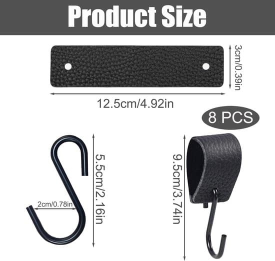 S-Hooks (Set of 8) - Black Hanging Hooks Clothes Hooks with Leather Loop - For Clothes Hangers Clothes Rails Kitchen and Bathroom