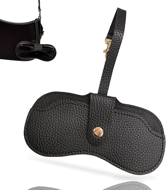 Portable Soft Leather Sunglasses Case with Keychain Hook, Lightweight, Slim, Metal Snap Black