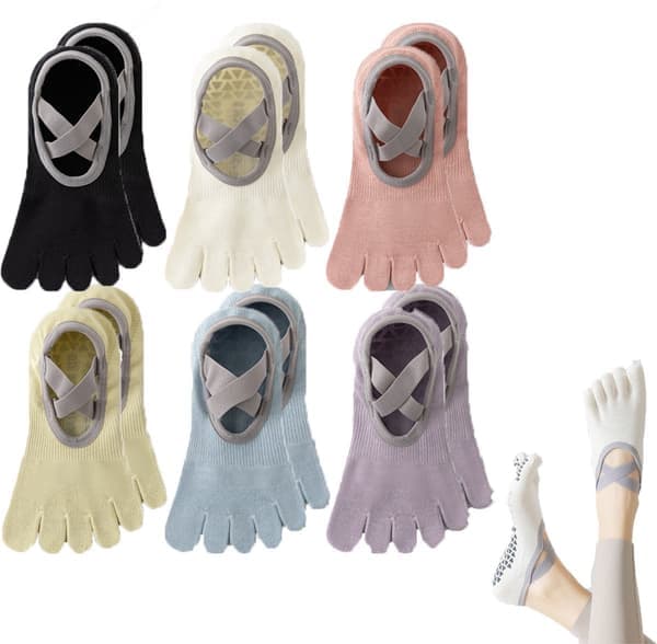 Yogastrumper med delt tå til kvinder, 5-pak (sort + hvid + grå + lilla + blå), one size, bløde og skridsikre.