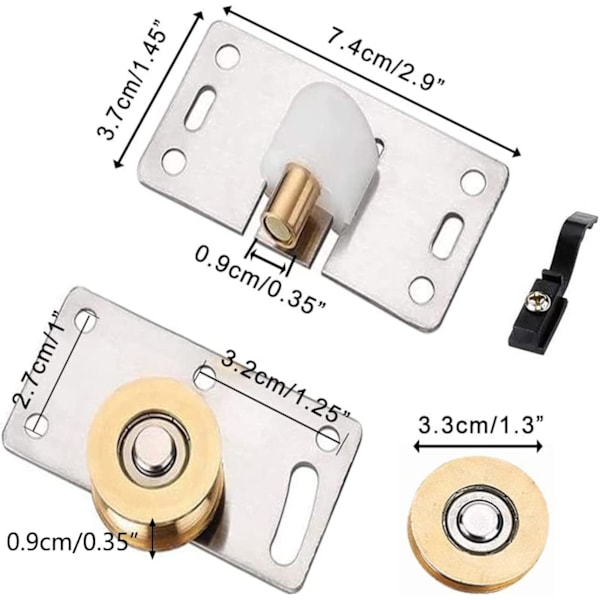 Sats med 4 rullar för skjutdörrar, 74x37 mm, Rostfritt stål, Silver/Guld