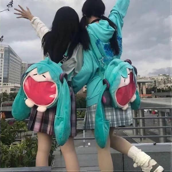 Söpö Hatsune Miku pehmoreppu läpinäkyvällä näytöllä