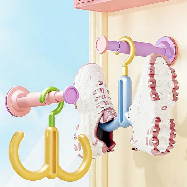 Shoe Drying Hanger 4-pack – 360° Rotating Double Hooks for Sneakers, Hats & Bags, Stackable Air Drying Rack Yellow*2+Blue*2