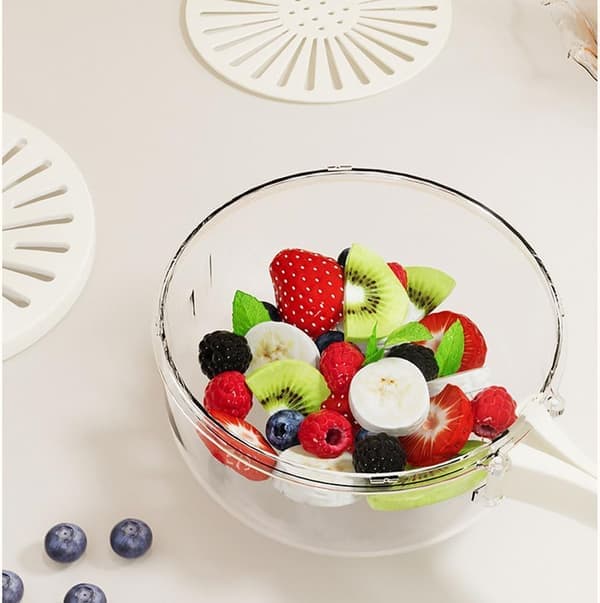 Brown 2-in-1 Fruit Washer & Colander Basket with Lid - 2026 Foldable Handle Drain Container & Refrigerator Storage Box