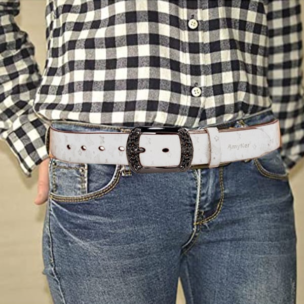 Dam bälte i läder med hål och blommor för jeans och byxor, mjukt läderbälte med spänne