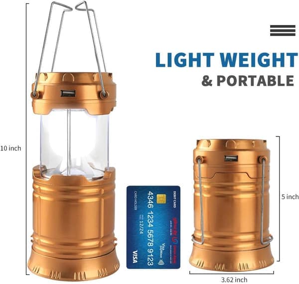 Solar Powered Camping Lantern - Rechargeable LED Lamp and Flashlight - 300LM - Outdoor/Emergency - Foldable