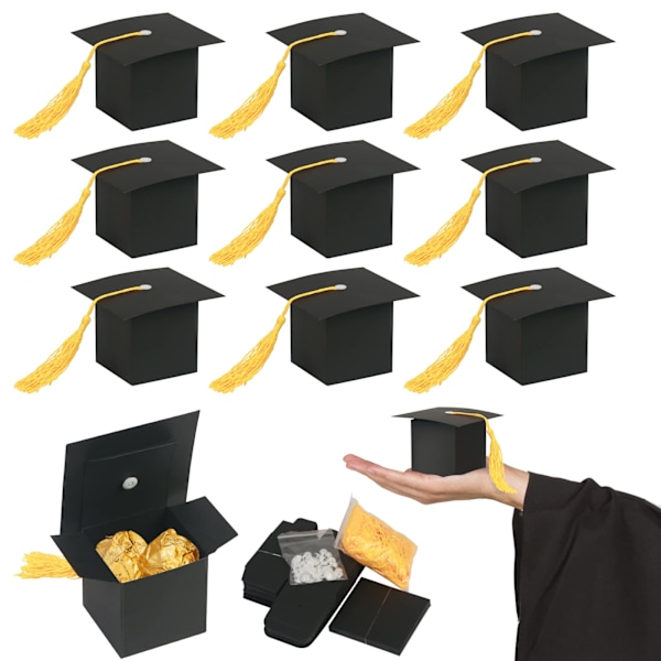 30 st examensgodisaskar, 6 cm x 6 cm, examenshattformade presentaskar, svarta examensfirande godisaskar, söta kexchokladgodisaskar med gult