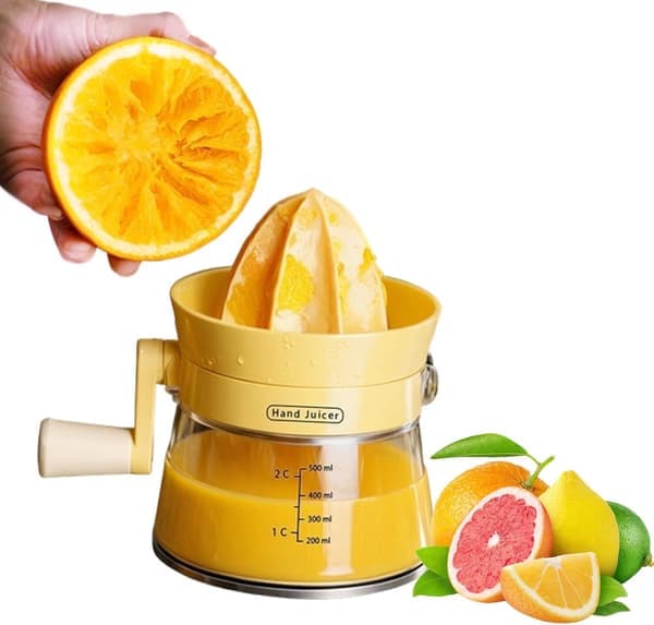 500 ml Manual Citrus Juicer with Rotating Crank, Maximum Extraction for Oranges, Lemons, Limes, and Grapefruits, Dishwasher Safe